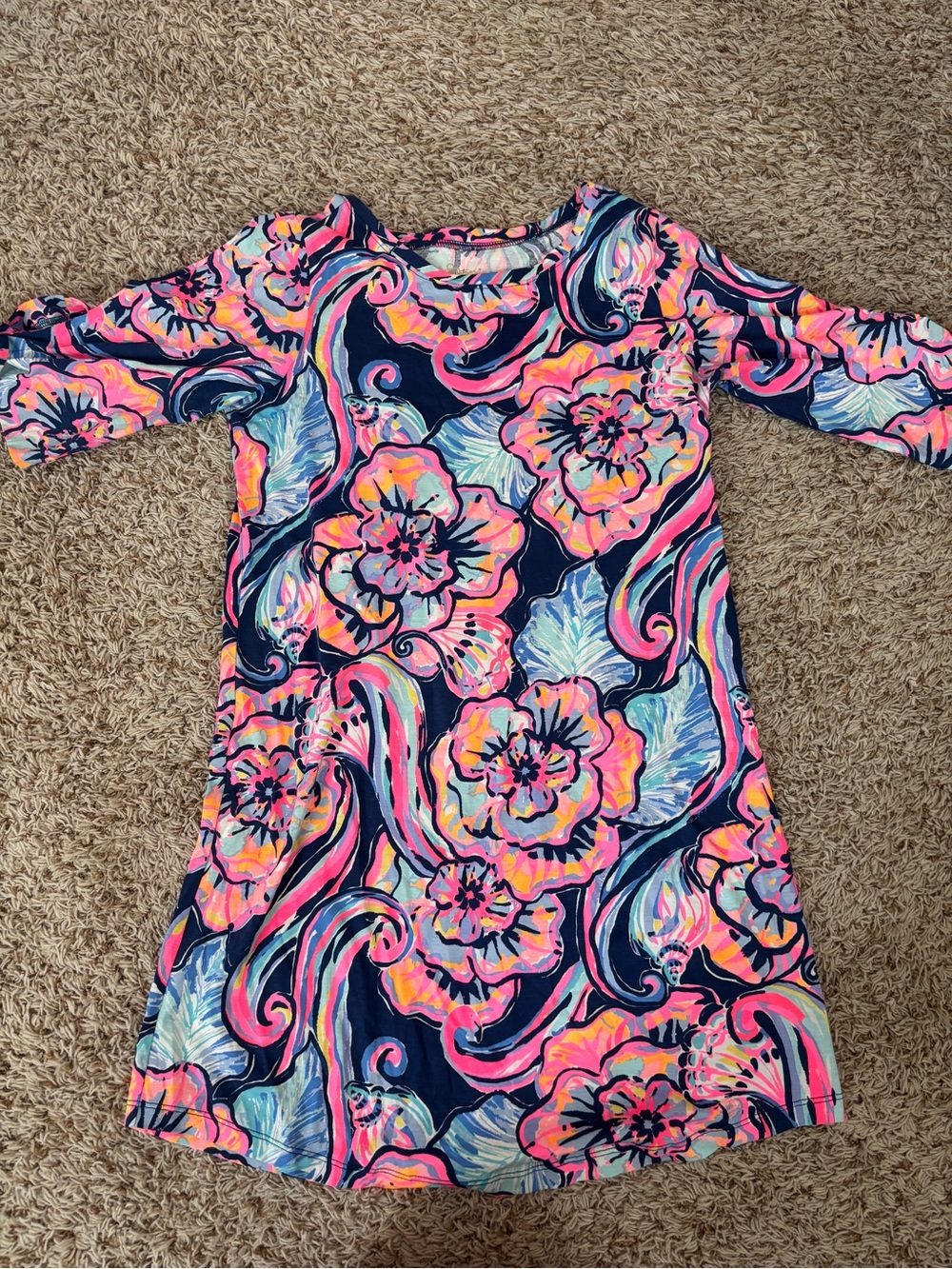 Lilly Pulitzer Navy Floral Shift Dress with Pink & Coral Swirls